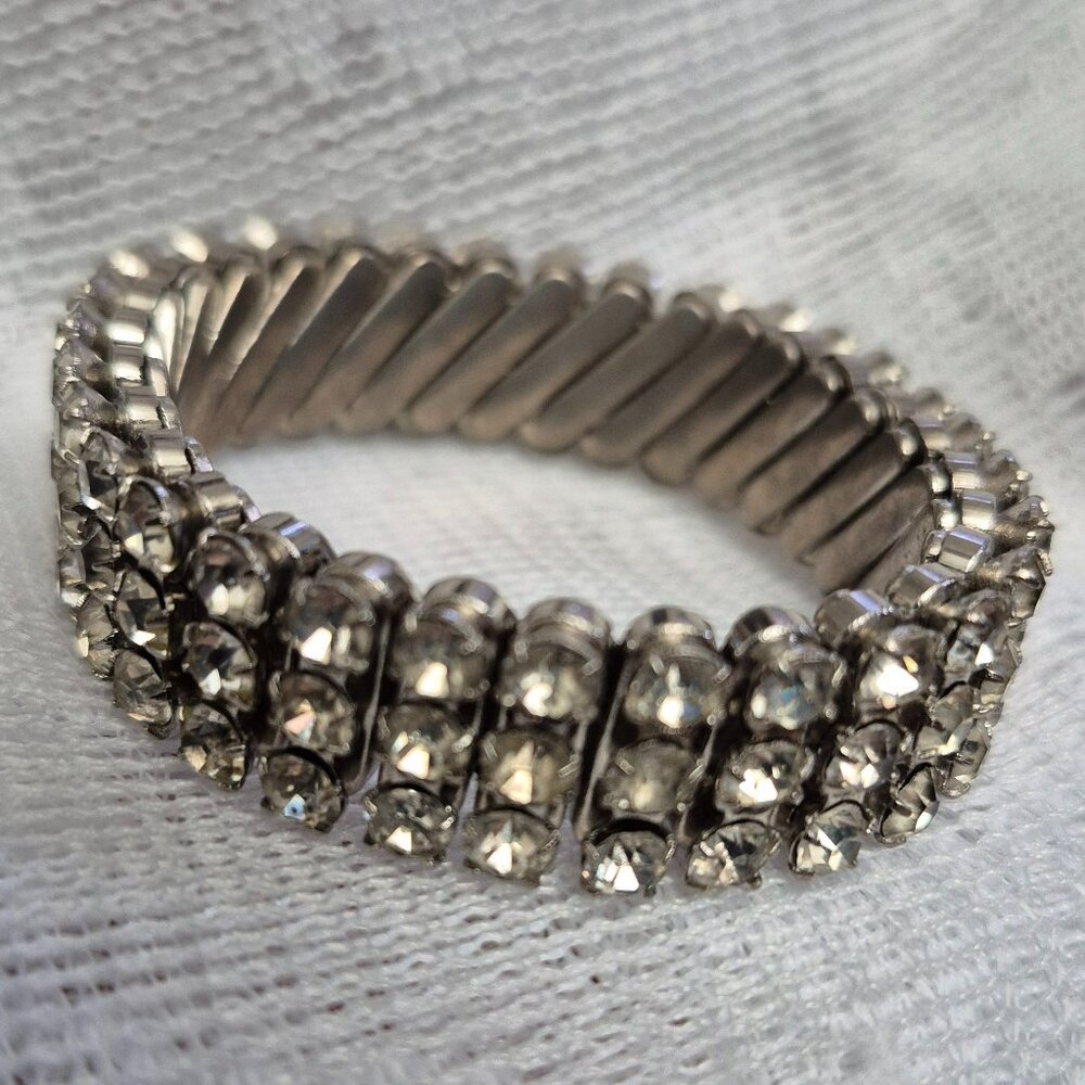 Vintage Three Row Rhinestone Expansion Bracelet, Silver Tone Stretch, Retro